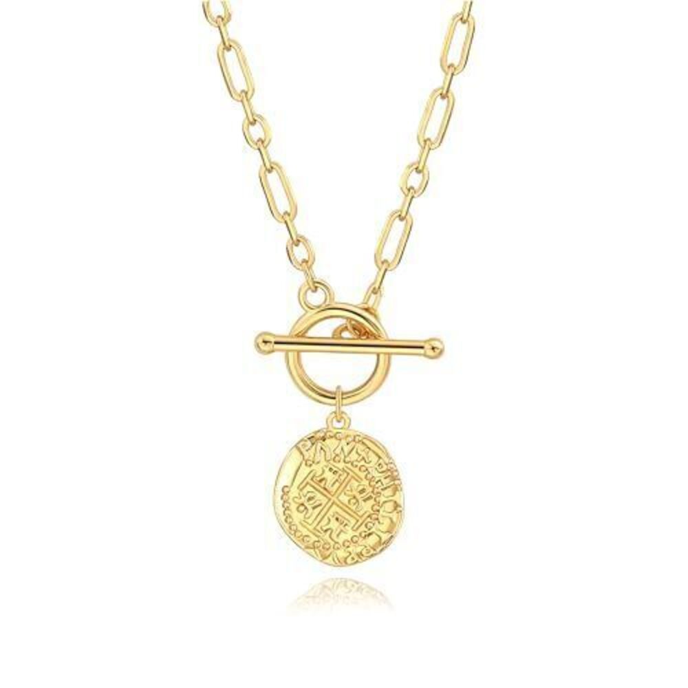 2933 Vintage Cross Pendant Coin Necklace, 18k Gold Plated Paperclip
